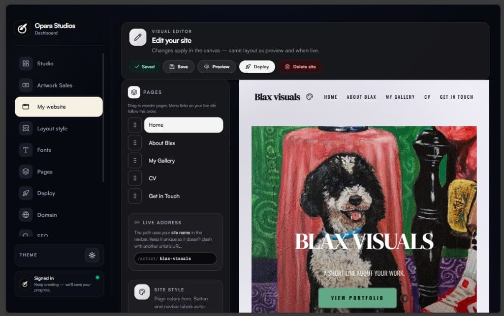 Opara Studios visual editor preview